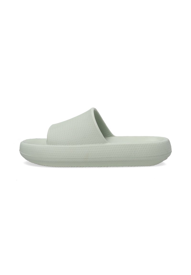 Slide sandals in light green rubber. Features a wide strap and textured sole, with a minimalist design and smooth finish.