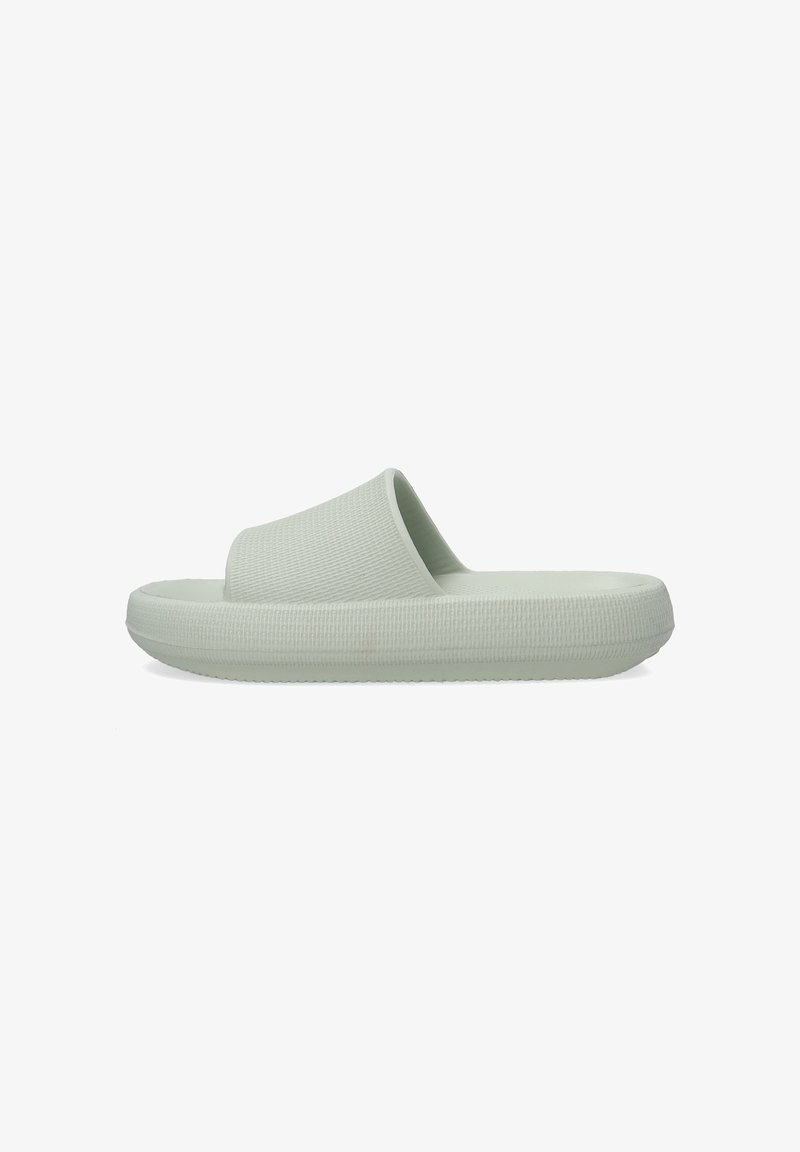 Slide sandals in light green rubber. Features a wide strap and textured sole, with a minimalist design and smooth finish.
