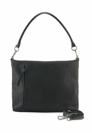 Borsa a spalla in pelle nera con una superficie liscia, forma piatta, tasca anteriore con zip e tracolla staccabile. Presenta elementi in metallo argentato.