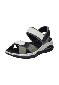 Sandales vertes et gris clair en matériaux suédés et en maille, avec des sangles réglables en Velcro, un design ouvert à l'avant et une semelle rembourrée avec des poches d'air.