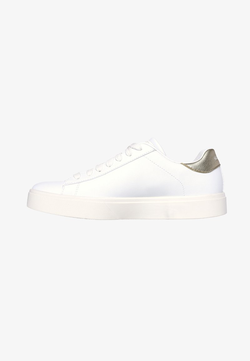 White leather sneaker with a smooth finish, round toe, six eyelets, and a metallic gold heel accent. Rubber sole with a textured pattern.
