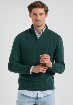Dunkelgrüner Pullover mit einem halben Reißverschlusskragen, strukturiertem Stoff, gerippten Bündchen und Saum, übereinander getragen mit einem hellblauen gestreiften Hemd.