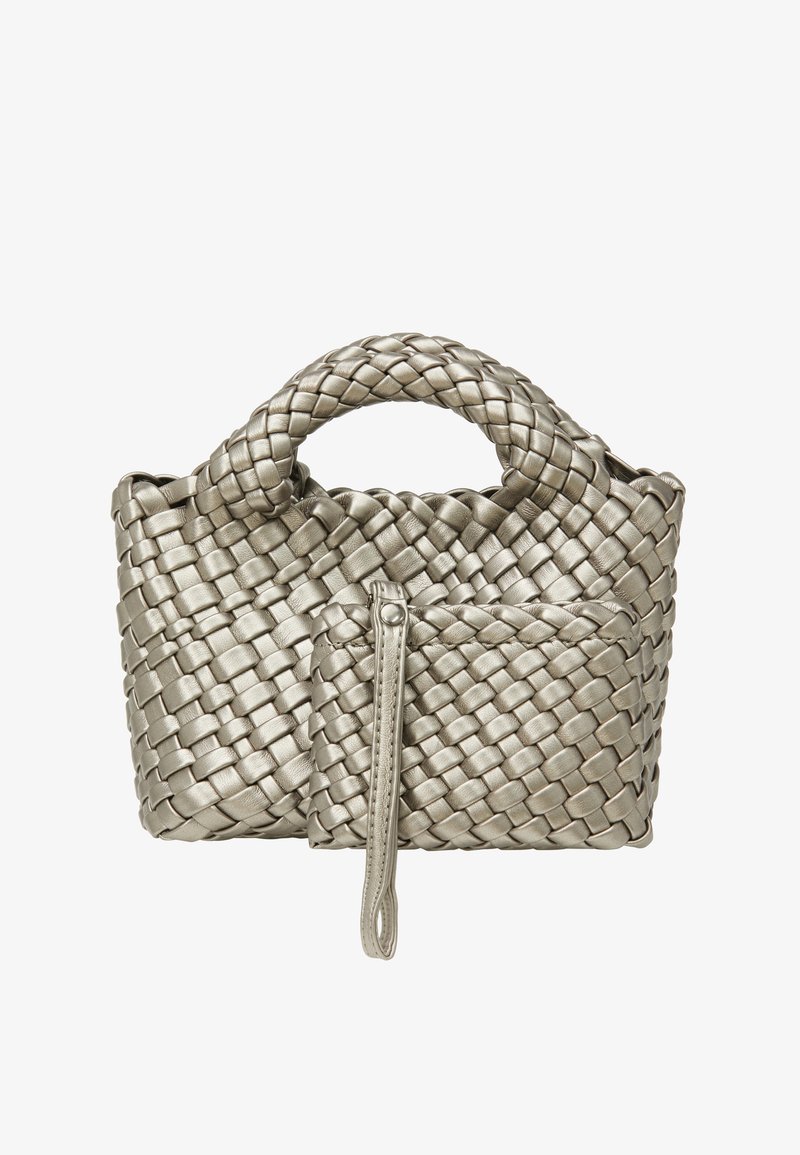 Geweven metallic zilveren handtas met een ronde handgreep, een voorvak met rits en een gestructureerd oppervlak. Compact en gestructureerd ontwerp.
