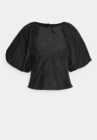 Blusa nera con scollatura tonda, maniche corte a sbuffo e corpino aderente. Realizzata in un tessuto leggero e liscio con una finitura opaca.