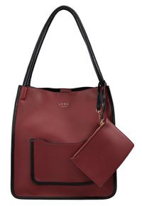 Borsa a tote LYDC London in rosso e nero con tasca frontale esterna e pochette rossa abbinata con zip, fissata da una tracolla nera e un gancio dorato.