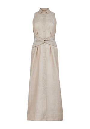Mouwloze beige linnen maxi-jurk met knopen aan de voorkant, kraagje en gedraaid knoopdetail in de taille.