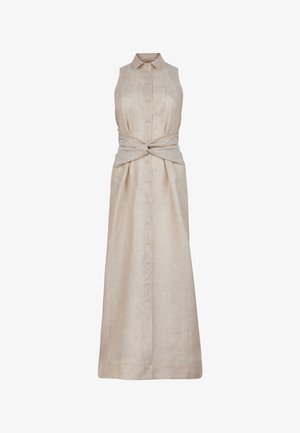 Ærmeløs beige linned maxi kjole med knapper foran, krave og snoet knudedetalje i taljen.