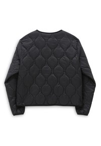 Veste noire matelassée à manches longues avec un motif de couture géométrique arrondi, vue de dos sur fond blanc.