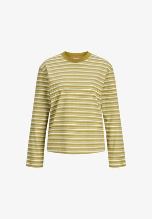 Camicia a maniche lunghe a righe in verde oliva e bianco. Caratterizzata da un collo rotondo e un fit rilassato, realizzata in morbido materiale misto cotone.
