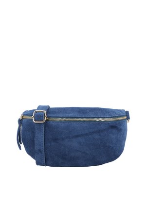 Kleine blauwe suède heuptas met gouden rits en verstelbare gesp op een witte achtergrond.