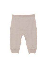Lichtbeige katoenen broeken met een band in de taille, taps toelopende pijpen en ribgebreide boorden. Zachte textuur, eenvoudig ontwerp zonder patronen of accenten.