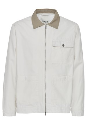 Light beige jacket with a contrasting tan collar. Features a front zip, two front pockets, and a smooth, textured fabric.