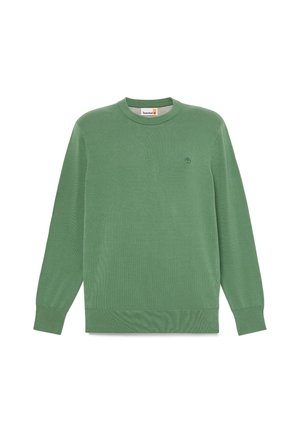 Maglione verde a girocollo con maniche lunghe, polsini e orlo a coste, logo Timberland ricamato sul petto a sinistra.
