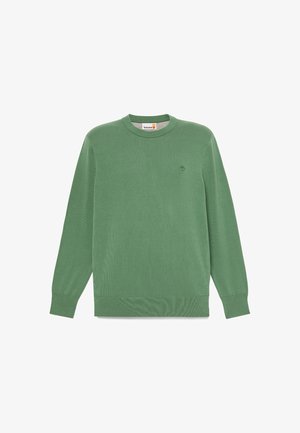 Vihreä poolokauluksinen pitkähihaisen neulepaita, jossa resorit hihansuissa ja helmassa, Timberlandin logo vasemmassa rinnassa kirjailtuna.