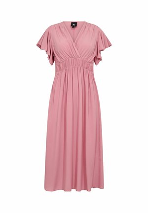 Vestito rosa a lunghezza ginocchio con maniche a farfalla corte, scollatura a V e vita arricciata. Realizzato in un tessuto morbido con un design fluente.