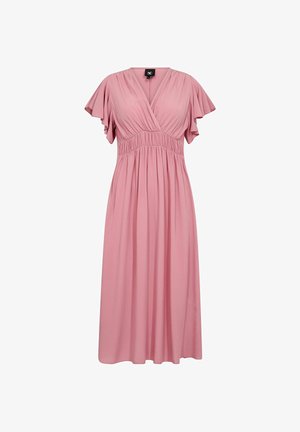 Rózsaszín, térd fölé érő ruha rövid fodros ujjal, V-nyakkivágással és rakott derékkal. Puha anyagból készült, amely lágy esésű.