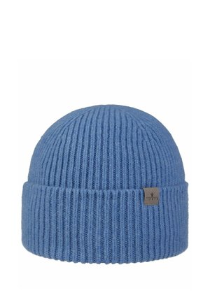 Blaues, geripptes Strickmütze mit umgeschlagenem Saum und kleinem rechteckigem Etikett mit Markenlogo am Saum.