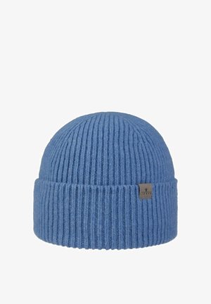 Blue ribbed knit beanie with folded cuff and small rectangular tag featuring brand logo on the cuff.