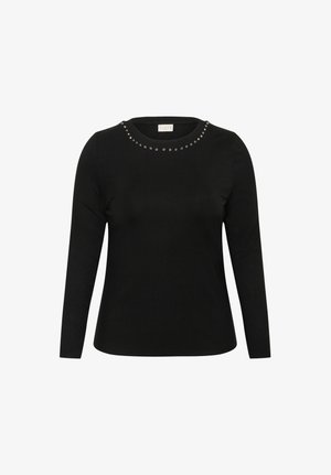 Pitkähihainen musta paita, jossa on pyöreä pääntie ja koristeelliset niitit. Valmistettu pehmeästä kankaasta, istuva malli ilman näkyviä kuvioita.