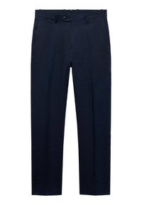 Pantalon bleu marine en tissu lisse, avec une taille plate, des poches latérales et une fermeture à un bouton. Design ajusté et fuselé.