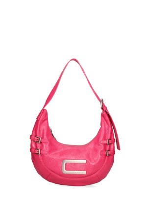 Pink leather hobo bag with a curved shape, featuring silver hardware and buckles, a zip closure, and a prominent "C" logo.