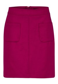 Jupe fuchsia avec une silhouette ajustée, deux poches avant et une fermeture éclair au dos. Fabriquée en tissu lisse avec une texture subtile.