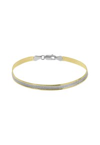 Thin bracelet with a yellow and silver intertwined metal design, featuring a secure clasp. Smooth, flat texture with shiny finish.