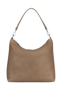 Brown leather shoulder bag with a smooth texture, curved silhouette, and silver hardware, featuring a zip closure at the top.