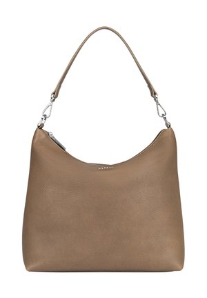 Braune Lederschultertasche mit glatter Oberfläche, geschwungener Silhouette und silbernem Zubehör, mit einem Reißverschluss oben.