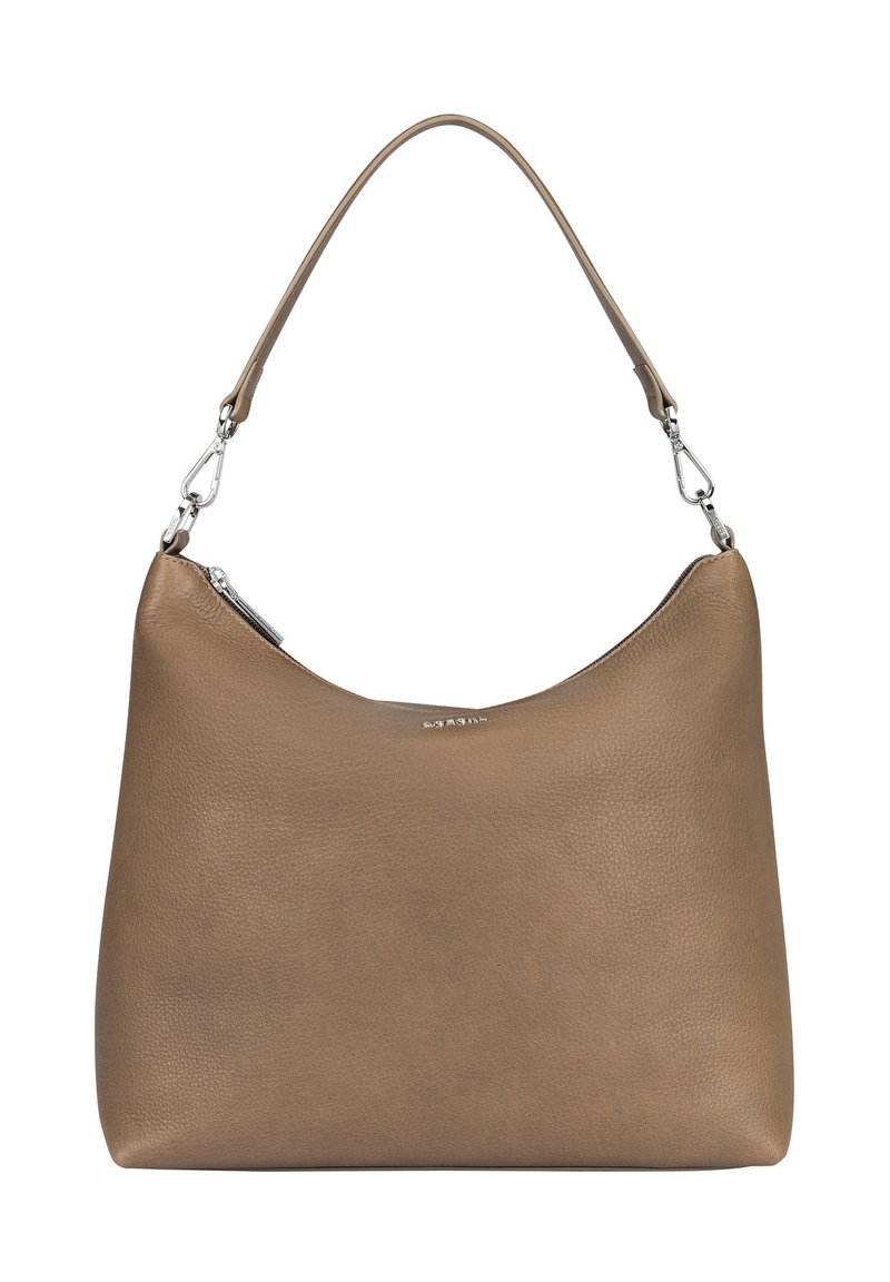 Brown leather shoulder bag with a smooth texture, curved silhouette, and silver hardware, featuring a zip closure at the top.