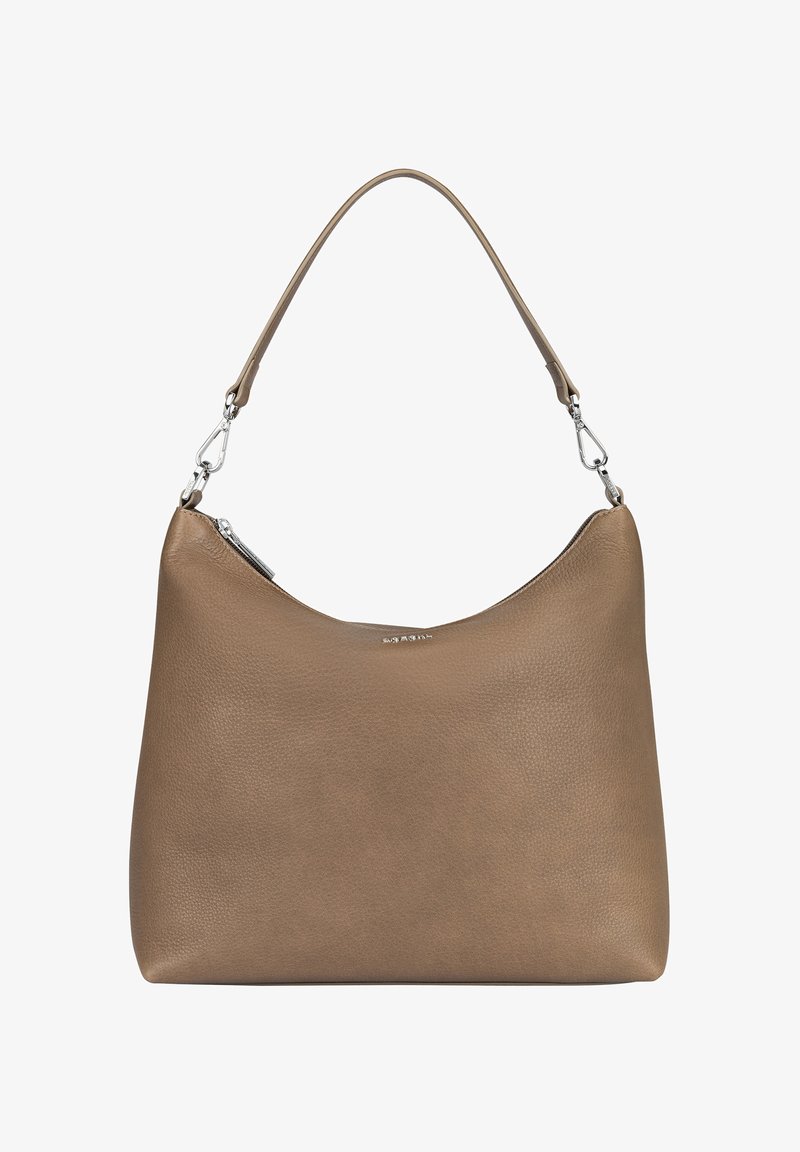 Brown leather shoulder bag with a smooth texture, curved silhouette, and silver hardware, featuring a zip closure at the top.