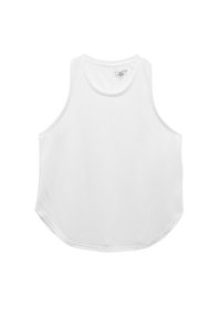 Hvid ærmeløs atletisk tanktop med rund halsudskæring, lille størrelseslabel synlig indeni bagpå.