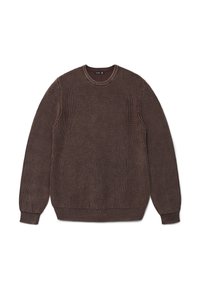 Maglione marrone a coste con scollo rotondo, maniche lunghe e tessuto texturizzato. Design semplice, vestibilità ampia e senza hardware visibile.