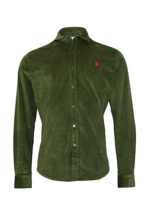 Dunkelgrühe Cord-Hemd mit langen Ärmeln, Knopfleiste und Kragen, mit kleinem roten gestickten Logo auf der linken Brust.