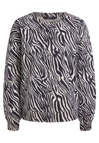 Zebra-mønstret sweatshirt i blødt stof med rund hals, lange ærmer og ribbede manchetter og bund. Farveskema: hvid og marineblå.