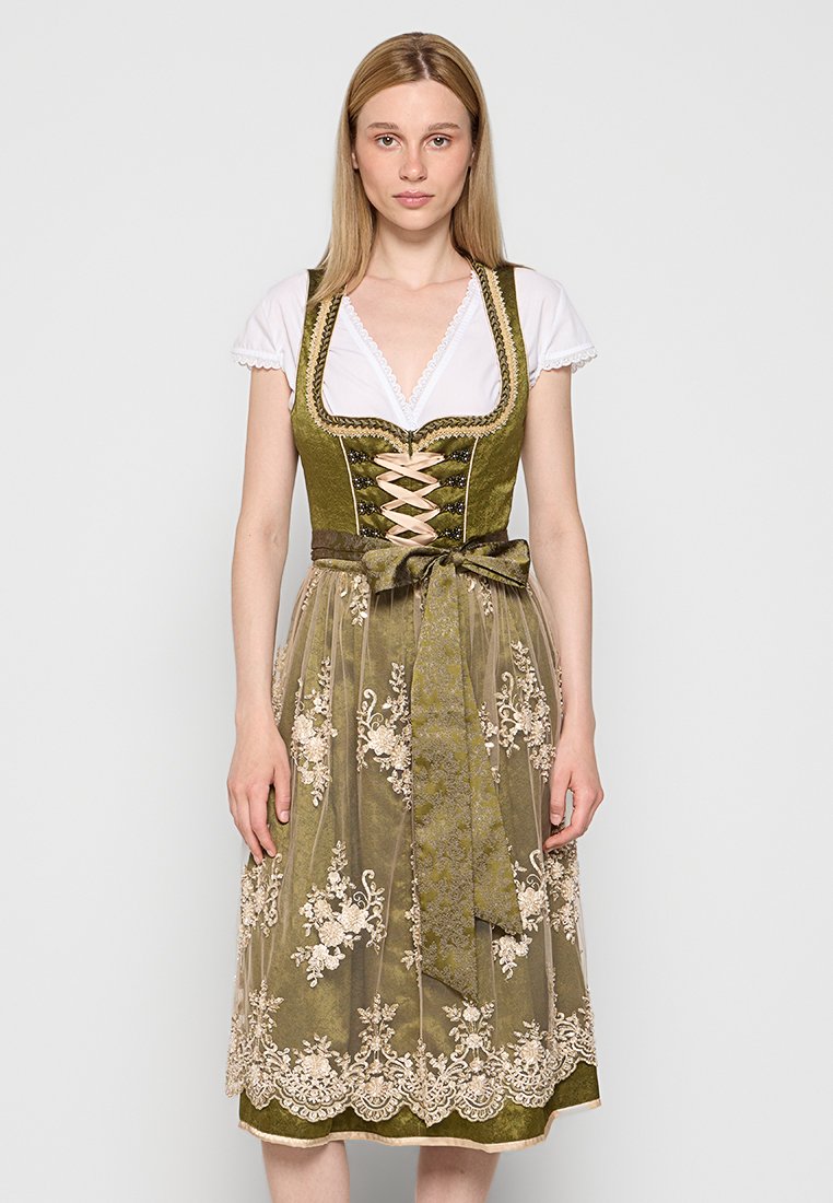 Traditionelles Dirndl mit einem olivfarbenen Mieder, weißer Bluse, Schnürung vorne und einem floral bestickten Rock. Mit passendem Gürtel.