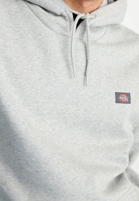 Felpa grigia realizzata in misto cotone, con cappuccio regolabile e un piccolo logo ricamato sul petto. La texture è liscia e morbida.