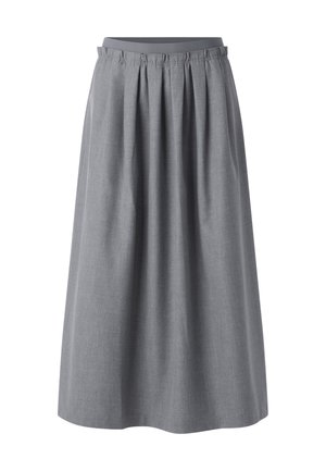 Grijze knie-lange rok met een gladde textuur, elastische tailleband en plooien voor extra volume. Gemaakt van lichtgewicht stof.