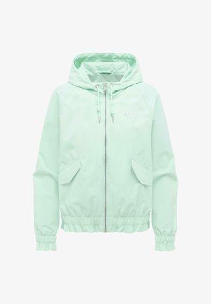 Vaalean mintunvihreä huppari, jossa on etuvetoketju, kiristysnyöri hupussa, läppätaskut sekä joustavat hihansuut ja helma.