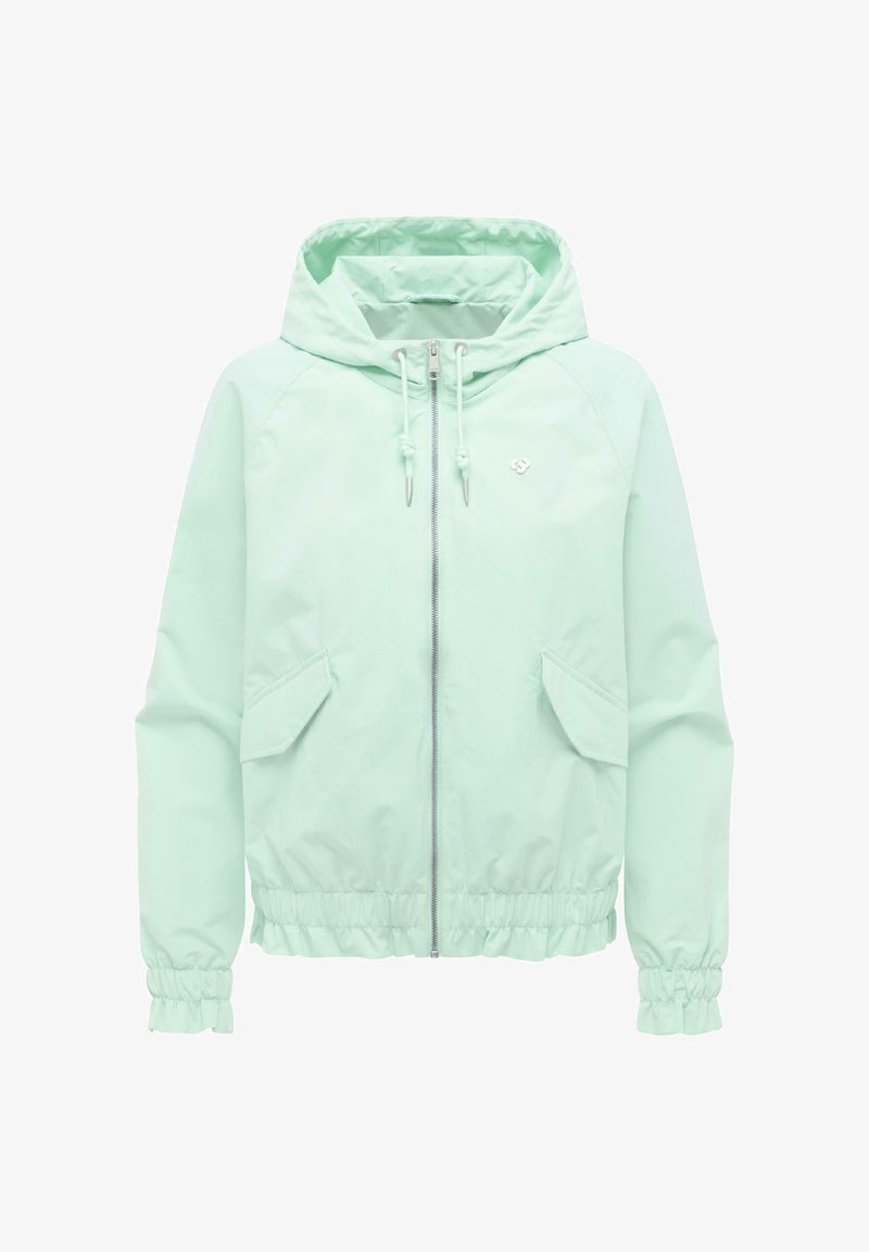 Jasnozielona kurtka z kapturem, zapinana z przodu na zamek, z kapturkiem na sznurek, kieszeniami z patkami oraz elastycznymi mankietami i obszyciem.