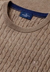Brązowy sweter w splot kablowy z prążkowanym kołnierzykiem, z niebieskim akcentem. Zawiera małe haftowane logo na przodzie.