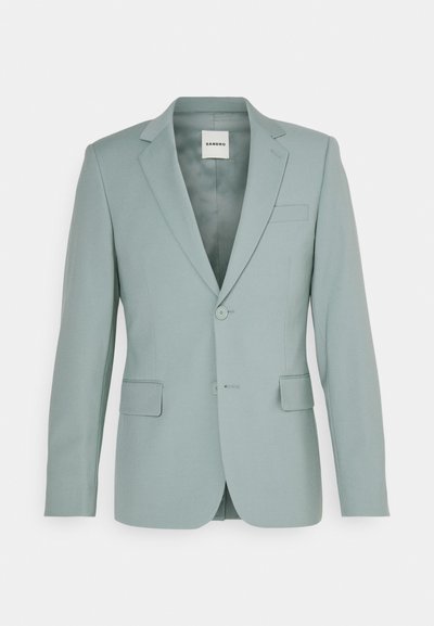 Light green blazer made of smooth fabric, featuring a notched lapel, two buttons, and three pockets. Simple and modern design.