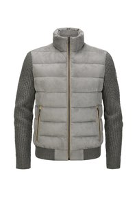 Gepolsterte graue Jacke mit gestepptem Vorderteil, grauen Rippstrickärmeln, hohem Kragen und goldenen Reißverschlussakzenten. Zwei seitliche Taschen sind enthalten.