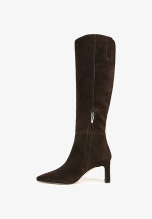 Bruine suède kniehoge laars met een spitse neus, slanke blokhak en ritssluiting aan de zijkant. Soepele textuur en minimale stikdetails.