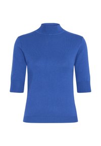 Sweter z krótkim rękawem o kroju golfowym w intensywnym niebieskim kolorze, wykonany z miękkiego dzianinowego materiału z prążkowanymi detalami przy dekolcie i hemie.