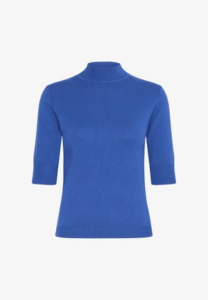 Maglione a collo alto con maniche corte di un vivace blu brillante, realizzato in morbido tessuto a maglia con dettagli a coste sul collo e sull'orlo.