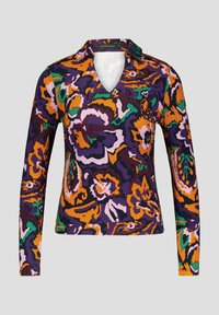 Paarse blouse met lange mouwen en V-hals, voorzien van een kleurrijk bloemenpatroon in oranje, roze en groen. Gemaakt van lichte stof.