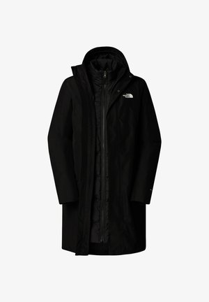 Czarny wodoodporny płaszcz z zapięciem na zamek i kapturem, z lekkim wypełnieniem, dwoma bocznymi kieszeniami oraz logo na górnej lewej części klatki piersiowej.
