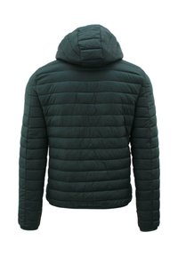 Giacca imbottita verde scuro con cappuccio, caratterizzata da una texture trapuntata e polsini elasticizzati. La vista posteriore mostra cuciture orizzontali e una forma aerodinamica.