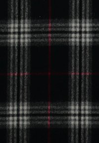 Tessuto a quadri con sfondo nero e linee bianche e grigie, accentuato da una sottile striscia rossa. Texture morbida con un aspetto tessuto.
